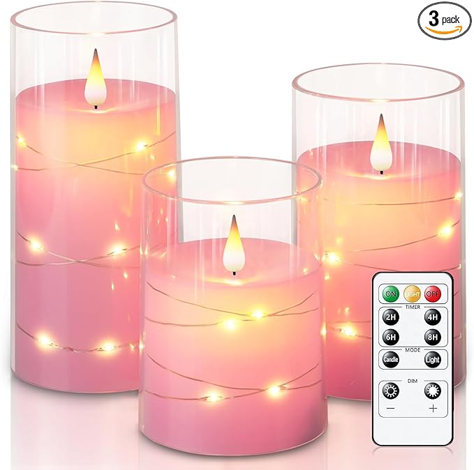 Homemory Flickering Flameless Candles with String Lights, Battery Operated Candles, Embedded String Lights LED Candles, Unbreakable Plexiglass Candle with Remote, Set of 3, Pink