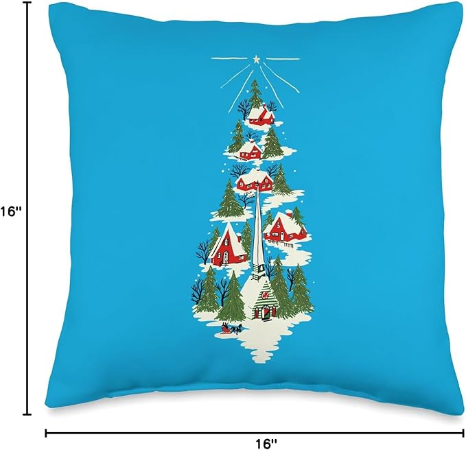 Vintage Scandinavian Christmas Collection Swedish Christmas Scene with Red Houses and Church in Snow Throw Pillow, 16x16, Multicolor