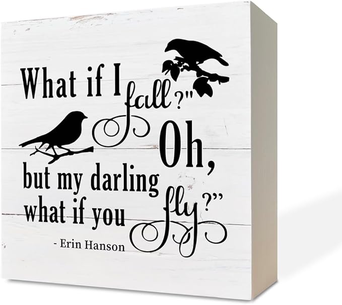 Inspirational Wood Signs, Wooden Box Sign Desk Decor, Table Art Signs, Nursery Decor, Kids Bedroom Decor, Rustic Farmhouse Decor for Shelf, What If I Fall Oh But Darling What If You Fly
