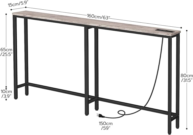 HOOBRO 63" Narrow Console Table with Charging Station, 5.9" Sofa Table with 2 Power Outlets and USB Ports, Long Entryway Tables Behind Couch Table, for Hallway, Livingroom, Greige and Black BG165UXG01