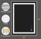 50"x30" LED Bathroom Mirror with Anti-Fog, Stepless Dimmable Lights, 3 Color Modes, Shatter-Proof Tempered Glass, Memory Function & Waterproof Design