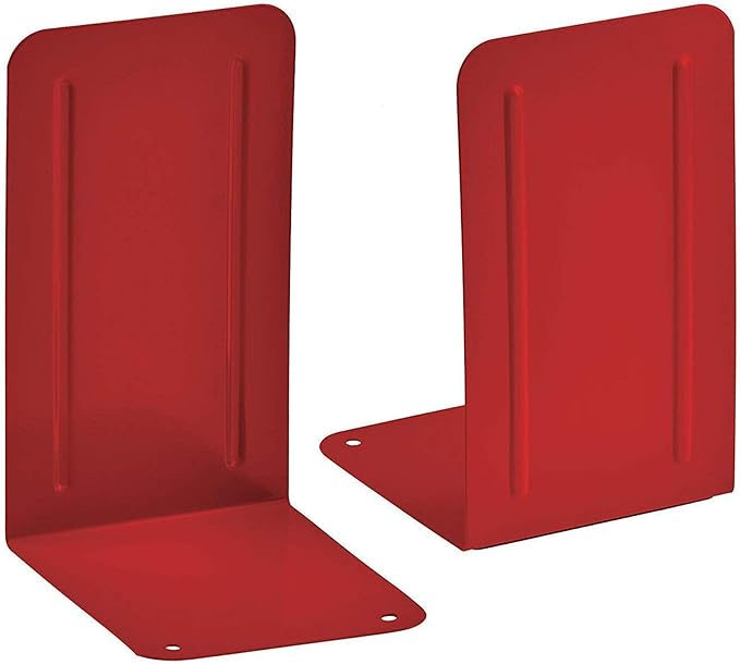 Acrimet Metal Bookends, Non-Skid Book Stand for Shelves, Heavy Duty Book Stopper, 6-7/8" H x 4" W x 4-1/2“ D, Red, 1 Pair