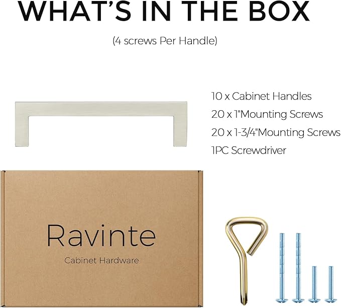Ravinte 10 Pack Solid Kitchen Cabinet Handles Brushed Nickel Slim Cabinet Pulls Drawer Pulls with 4 Inch Hole Center Square Bar Kitchen Cabinet Hardware