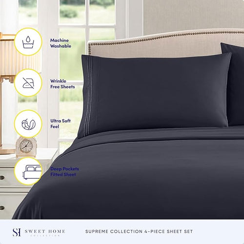 1800 Thread Count Sheet Set – Soft Egyptian Quality Brushed Microfiber Sheets – Luxury Bedding Set with Flat Sheet, Fitted Sheet, 2 Pillow Cases, Navy