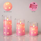 Homemory Flickering Flameless Candles with String Lights, Battery Operated Candles, Embedded String Lights LED Candles, Unbreakable Plexiglass Candle with Remote, Set of 3, Pink