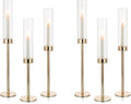 NUPTIO Hurricane Glass Candle Holders: Set of 6 Tall Gold Metal Candlestick Holder with Chimney Tube Brass Tiered Taper Candles Stands for Christmas Holiday Party Decoration 23.6 & 21.7 & 19.7 in