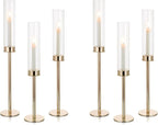 NUPTIO Hurricane Glass Candle Holders: Set of 6 Tall Gold Metal Candlestick Holder with Chimney Tube Brass Tiered Taper Candles Stands for Christmas Holiday Party Decoration 23.6 & 21.7 & 19.7 in