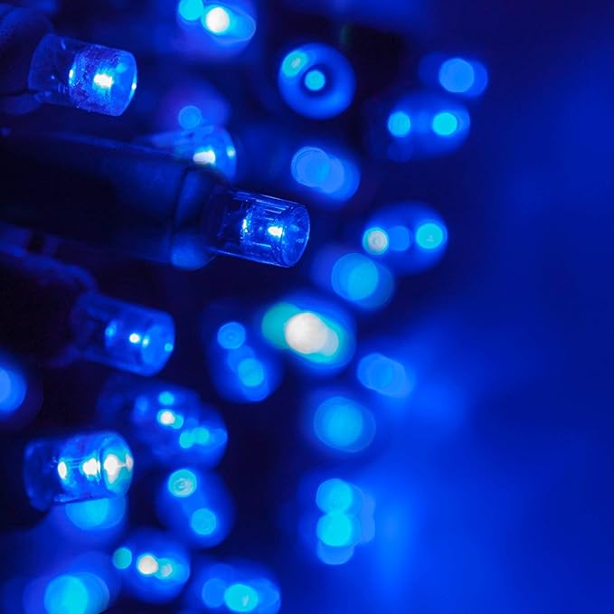 5mm LED Wide Angle Blue Prelamped Light Set, Green Wire - 70 5mm Blue LED Christmas Lights, 4" Spacing