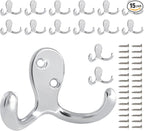 15 Pack Coat Hooks Wall Hooks for Hanging, Heavy Duty Double Prong Metal Hook Wall Mounted for Living Room, Bathroom, Kitchen, Bedroom for Coat, Bag, Scarf, Towel, Hat, Key, Cup (Silver)