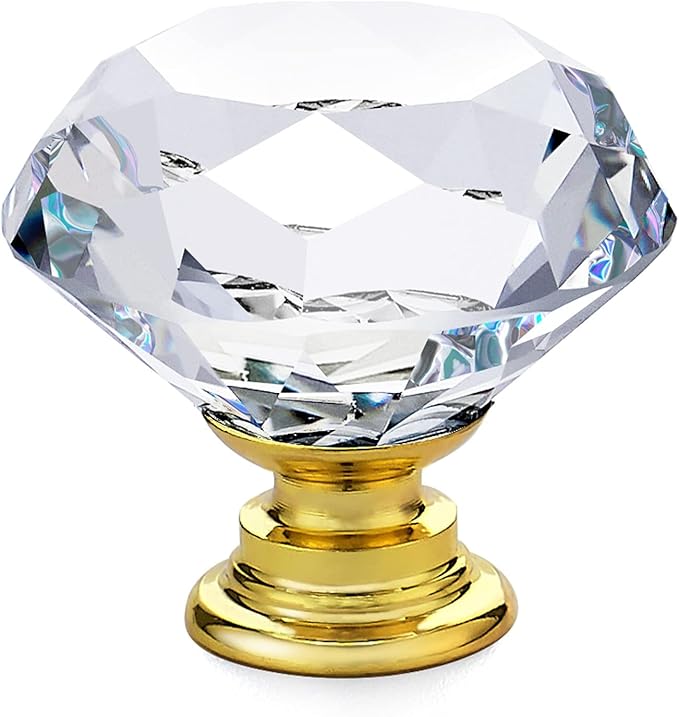 Ravinte Crystal Knobs for Dresser Drawers & Glass Cabinets - Diamond Shaped, 30 mm with Gold Base