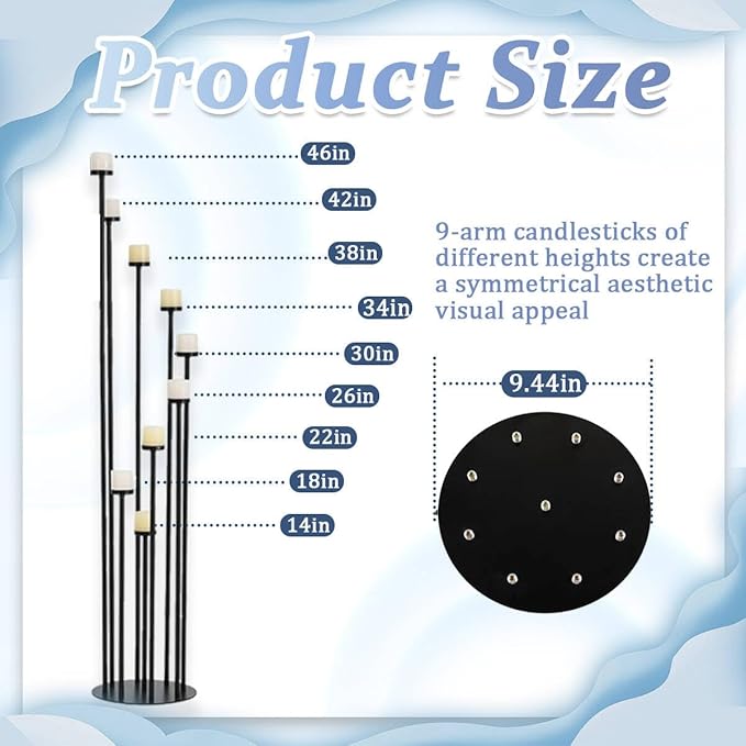 Black 9 Arm Floor Candle Holder Candelabra for Home Decor, Weddings, Dinner Parties Formal Events