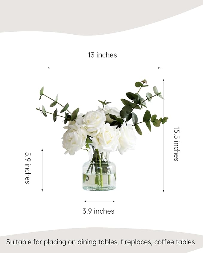 Artificial Flowers with White Roses in Vase, Fake Flowers Bouquet with Vase, Silk Flower Arrangements with Artificial Flowers for Home Dining Table Decor(No Fake Water).