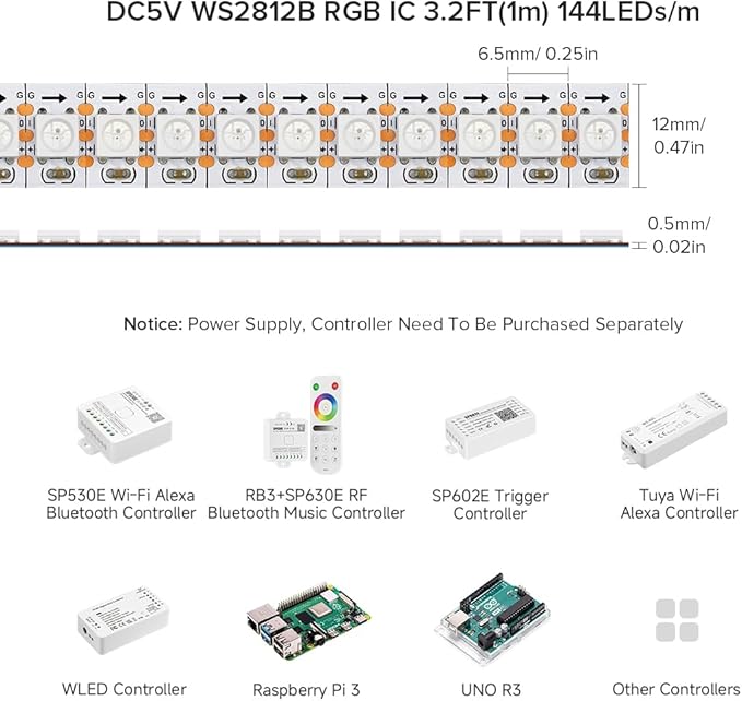 BTF-LIGHTING WS2812B IC RGB 5050SMD Pure Gold Individual Addressable LED Strip 3.28FT 144LED 144Pixel/m Flexible Full Color IP67 DC5V for DIY Chasing Color Project(No Adapter or Controller)