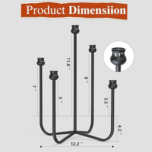 16-inch Iron Candlestick Holders, Black 5-Arm Taper Candle Holder, Vintage Modern Decorative Candle Stick Holders for Weddings, Parties, Thanksgiving & Halloween