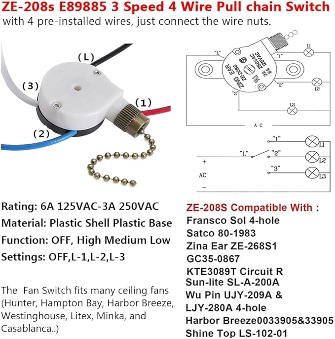 2PS Ceiling Fan Switch Zing Ear ZE-208s E89885 3 Speed 4 Wire Pull Chain Switch Fan Light Switches Replacement Part with 4 Pre-Installed Wires(Bronze Chain)