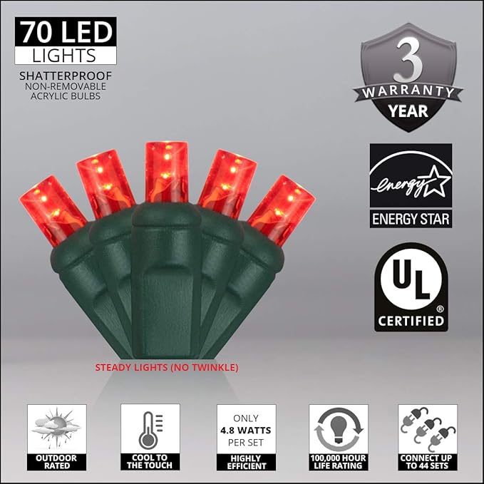 5mm LED Wide Angle Red Prelamped Light Set, Green Wire - 70 5mm Red LED Christmas Lights, 4" Spacing