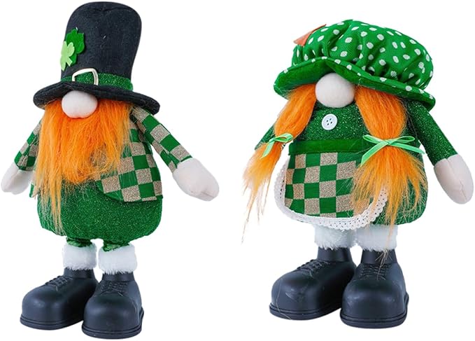 Standing St.Patrick's Day Gnome Plush Doll with Retractable Legs Nordic Scandinavian Swedish Dwarf Gnome Figurines Wearing Glitter Clothes & Black Boots Lucky Green Shamrock Irish Table Decor (2PCS)