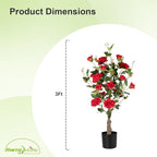 Artificial Rose Flower Trees 2 Pack- 38’’ Lifelike Plant in Pot with Red Flowers Decorative Rose Trees for Home, Office, Wedding, and Event Decor, Red