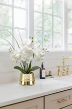 Artificial White Phalaenopsis Orchid Flower Arrangements Faux Orchid Flower in Gold Pot Orchid Centerpiece for Dining Room Table