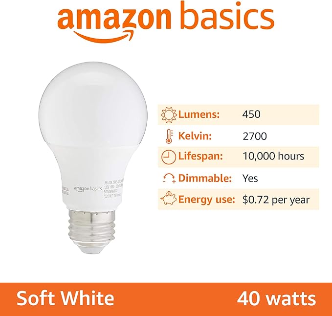 Amazon Basics LED Light Bulbs, Energy Efficient 6W, 40 Watt Equivalent, E26 Standard Base, 2700, Dimmable, 10,000 Hour, Soft White, 6 Count (Pack of 4)