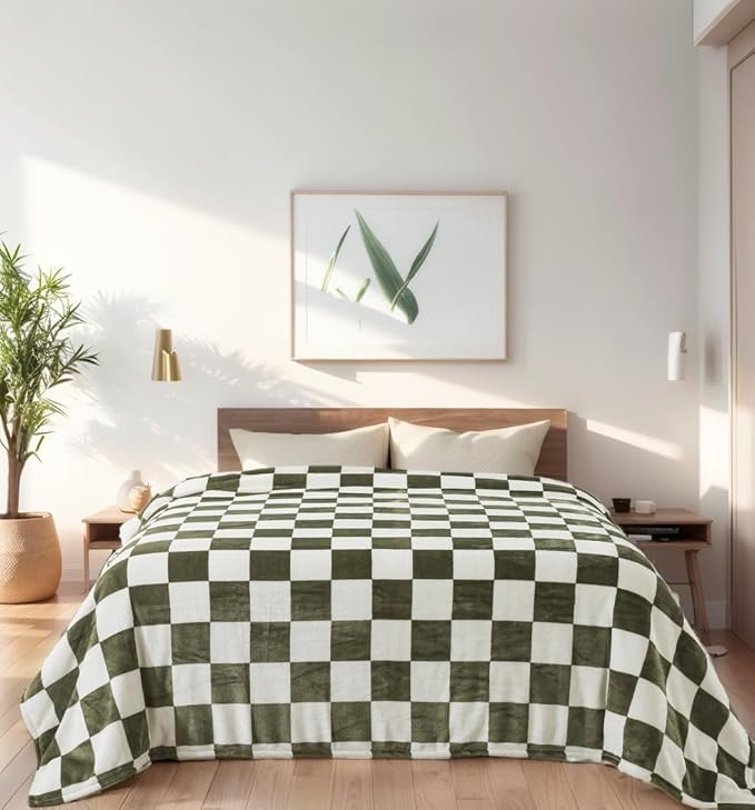 Checkered Twin Size Blanket,66x90 Inches Sage Green Microfiber Soft Cozy Fluffy Warm Hand Made Throw Blankets for Twin/Twin XL Extra Long Bed,Couch, Sofa, Chair, Camping, Picnic,Sage Green