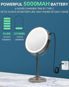 9" Lighted Makeup Mirror with with Lights and Magnification 1X/10x, 5000mAh Rechargeable Magnifying Vanity Mirror, 3 Light Colors Dimmable & Height Adjustable Mirror Gunmetal Grey
