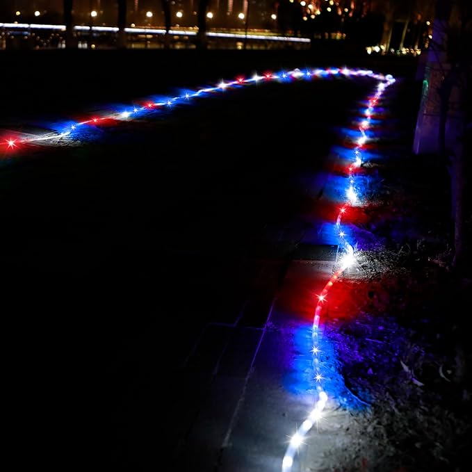50ft 360 LED Waterproof Rope Lights, 110V Connectable Indoor Outdoor Led Rope Lights for Deck, Patio, Pool, Camping, Bedroom Decor, Landscape Lighting and More (RED+White+Blue)