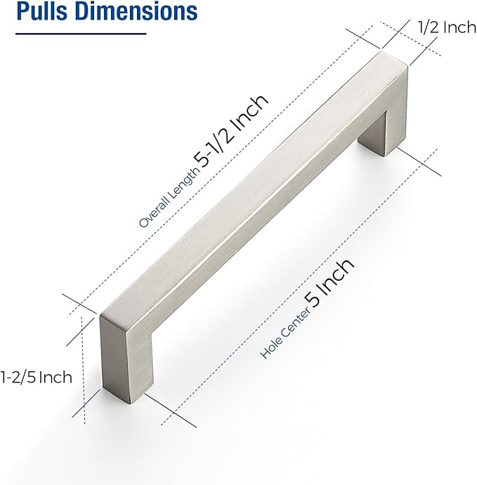 JOY DECOR 4 Pack Cabinet Handles, Brushed Nickel Cabinet Pulls, 5 Inch Kitchen Closet Handles Square Drawer Pulls Stainless Steel Drawer Hardware, 128mm Hole Centers