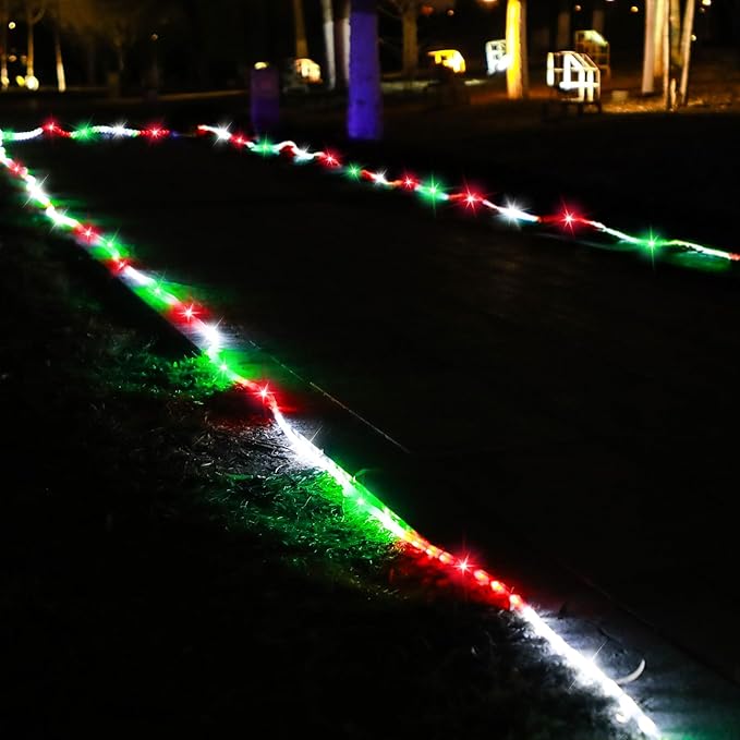 50ft 360 LED Waterproof Rope Lights, 110V Connectable Indoor Outdoor Led Rope Lights for Deck, Patio, Pool, Camping, Bedroom Decor, Landscape Lighting and More (RED+White+Green)
