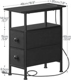 HOOBRO End Table with Charging Station, Narrow Side Table with 2 Fabric Drawers, Skinny Nightstand with Storage, Slim Bedside Table for Bedroom, Living Room, Small Spaces, Black BB487UBZ01