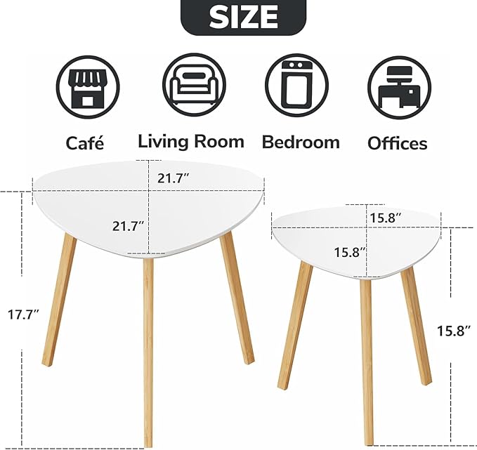 BAMEOS Bamboo Nesting Triangle End Table,Set of 2 Coffee Table Modern Minimalist Side Table for Living Room, Balcony in White