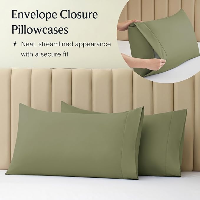 LuxClub 6 PC Queen Sheet Set, Breathable Luxury Bed Sheets, Deep Pockets 18" Eco Friendly Wrinkle Free Cooling Sheets Machine Washable Hotel Bedding Silky Soft - Olive Queen