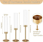 3Pcs Hurricane Glass Candle Holders Gold Candlestick Holders Taper Candle Holder with 9.8" Windproof Clear Cylinder Covers for Outdoor Indoor Tall Candle Stick Holder Decor for Wedding Party Fireplace