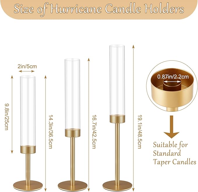 3Pcs Hurricane Glass Candle Holders Gold Candlestick Holders Taper Candle Holder with 9.8" Windproof Clear Cylinder Covers for Outdoor Indoor Tall Candle Stick Holder Decor for Wedding Party Fireplace