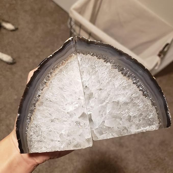 AMOYSTONE Geode Bookends Agate Shelve Decor Crystal Book Ends for Heavy Books Nature Brown with Rubber Bumper(1 Pair, 3-4 LBS)