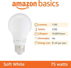 Amazon Basics A19 LED Light Bulbs, 75 Watt Equivalent, Energy Efficient 12W, E26 Standard Base, Soft White 2700K, Dimmable, 10,000 Hour Lifetime , 6-Pack