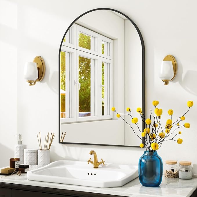 VooBang Arched Wall Mirror, 24 x 36 inch Arch Bathroom Mirror, Wall Mounted Vanity Mirror with Arch Metal Frame, Modern Bathroom Vanity Mirror for Bedroom, Living Room, Hanging or Leaning, Black