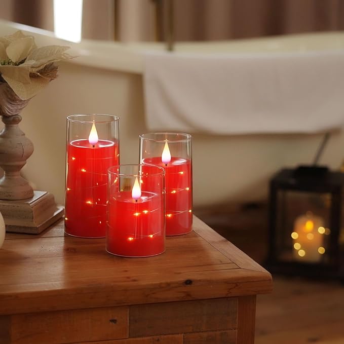Homemory Flickering Flameless Candles with String Lights, Battery Operated Candles, Embedded String Lights LED Candles, Unbreakable Plexiglass Candle with Remote, Set of 3, Red