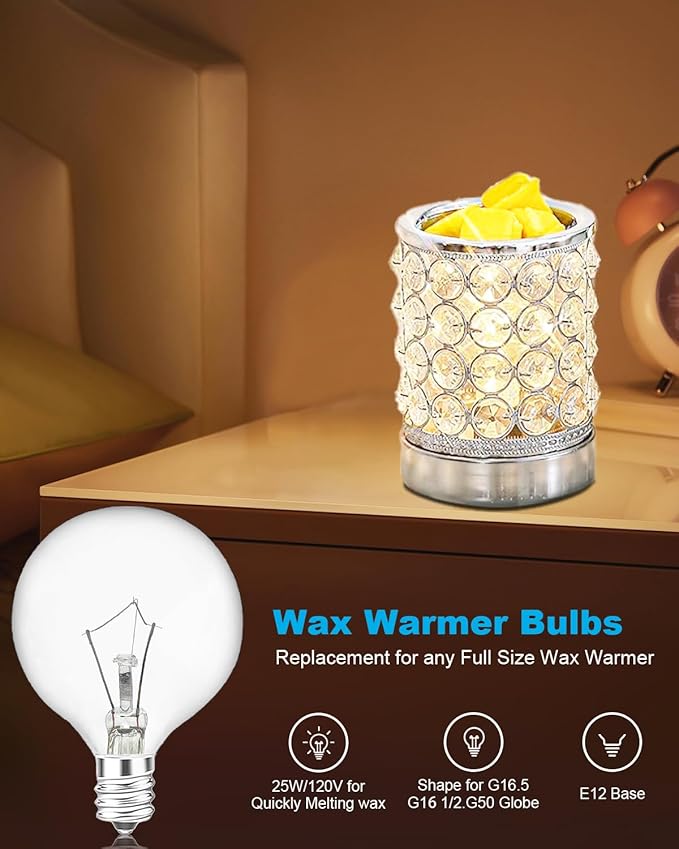 25 Watt Wax Warmer Bulbs, Light Bulbs for Full Size Scentsy Warmer, 6 Packs E12 Base Type G Bulb, Dimmable, Warm White, 120V G16 1/2 Bulbs for Candle Lamp