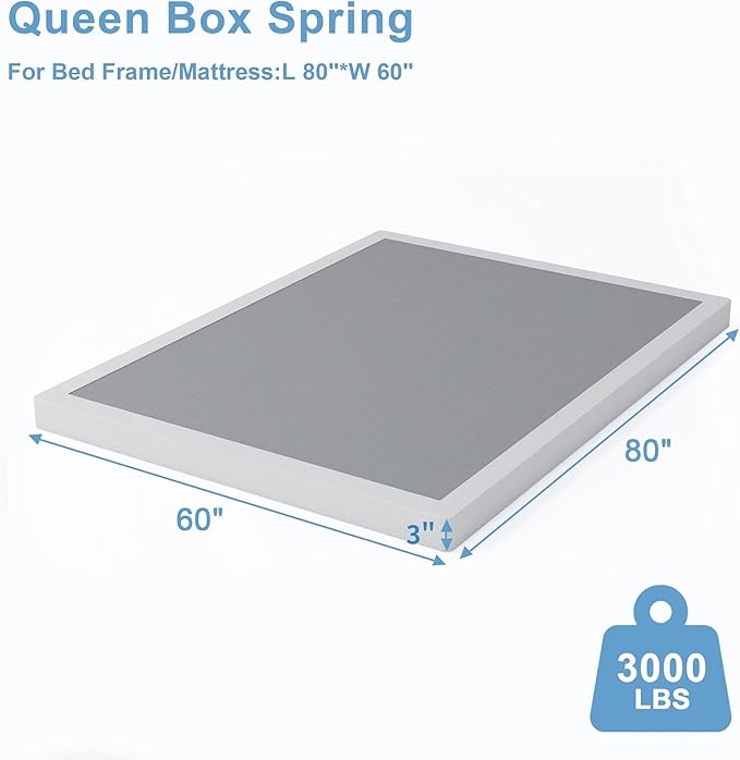 3 Inch Queen Size Box Spring, Low Profile Box Spring for Queen Bed,Heavy Duty Mattress Foundation, Metal Bed Base,Easy Assembly/Noise Free