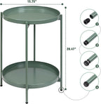 HollyHOME 2-Tier Round Side Table, Outdoor Small Folding Accent Stand with Removable Tray, Anti-Rust Metal Asional Table for Balcony Patio Living Room, Nightstand for Bedroom(Matcha Green)