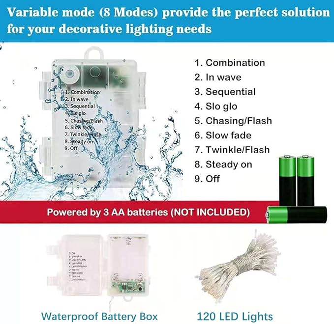 Christmas String Lights, 120 LED Battery Operated String Lights, 42ft IP65 Waterproof Outdoor Fairy Light with Timer 8 Modes for Bedroom,Garden,Party, Indoor Outdoor Decorations, Multicolor