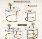 aboxoo Coffee Table Nesting White Set of 2 Side Set Golden Frame Circular Round and Marble Pattern Wooden Tables, Living Room Bedroom Apartment Modern Industrial Simple Nightstand
