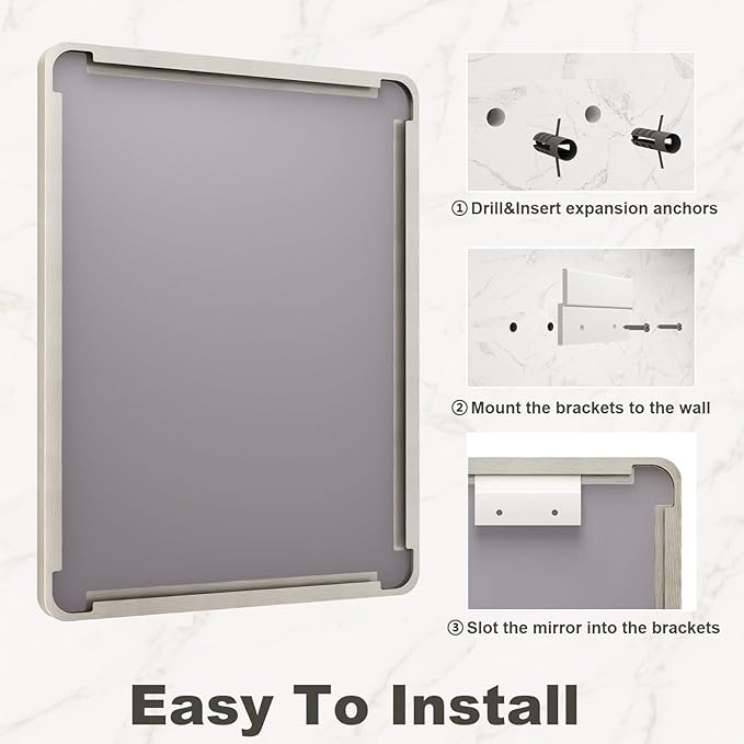 24x32 Inch Brushed Nickel Bathroom Mirror, Brushed Silver Metal Framed Wall Mirror, Rounded Corner Rectangle Modern Vanity Mirror, Tempered Glass, Anti-Rust, Shatterproof (Horizontal/Vertical)