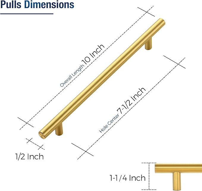 JOY DECOR 15 Pack Cabinet Handles, Gold Cabinet Pulls, 7-1/2 in Hole Center Kitchen Cabinet Handles, Stainless Steel T Bar Handles for Dresser Drawers