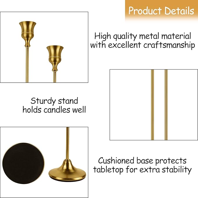 Brass Gold Candlestick Holders Set of 6, Metal Taper Candle Holders, Classic Decorative Candle Stick for Christmas, Wedding, Party, Dinner Tables,Home Décor