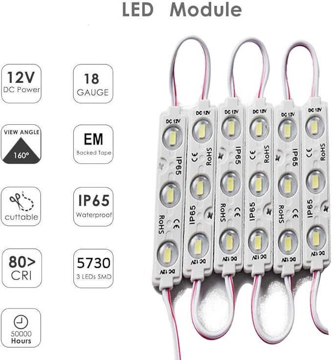 LED Module, Decorative Light White 10pcs 5 Ft 5730 SMD 150LM Per Module IP65 Waterproof for Letter Sign Advertising Signs With Tape Adhesive Backside (White Light)