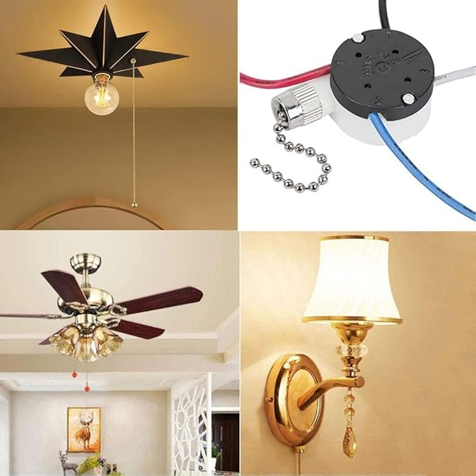 2PS Ceiling Fan Switch Zing Ear ZE-208s E89885 3 Speed 4 Wire Pull Chain Switch Fan Light Switches Replacement Part with 4 Pre-Installed Wires(Nickel Chain)
