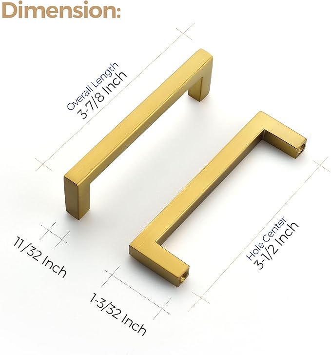 Ravinte 10 Pack Solid Kitchen Cabinet Handles Gold Slim Cabinet Pulls Drawer Pulls with 3-1/2 Inch Hole Center Square Bar Kitchen Cabinet Hardware Brushed Brass Cabinet pulls