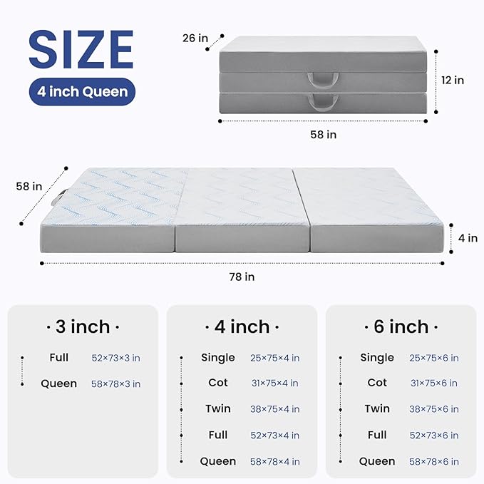 Foldable Mattress Queen 4 inch -Portable White Memory Foam Folding Matress with Washable Cover for Camping Travel Guest Room Home Use-Non-Slip&Easy Storage